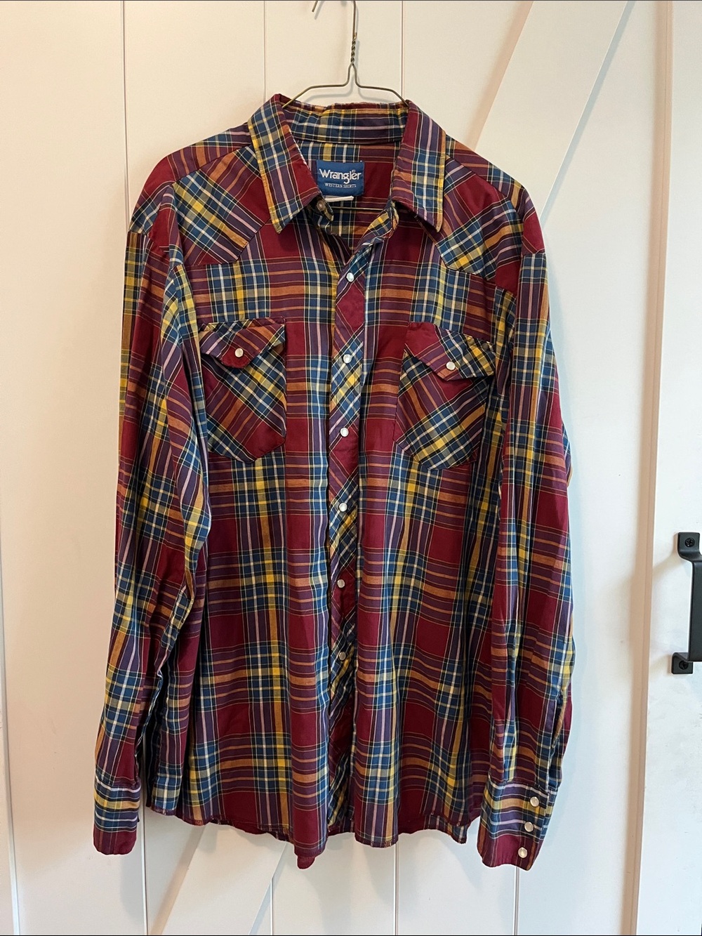Vintage Wrangler Men's Burgundy and Yellow Plaid Western Shirt